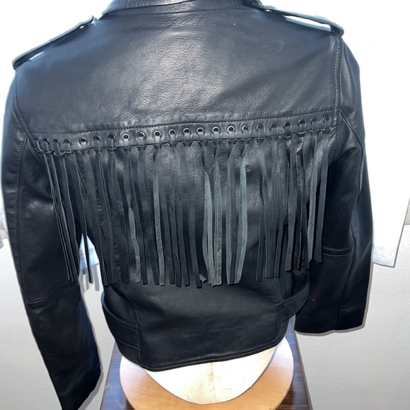 AllSaints Black Tassel Balfern Belted Biker Jacket - Picture 9 of 14